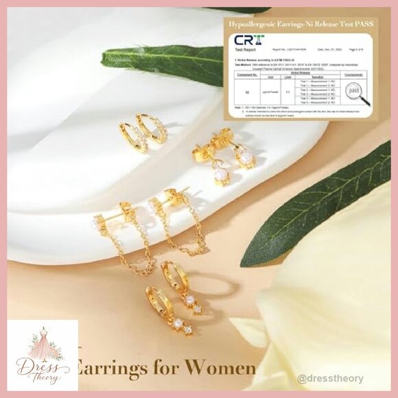 18K Gold Plated Pearl Stud Huggie Hoop Dangle Chain Earring Stack Set - Picture 7 of 8